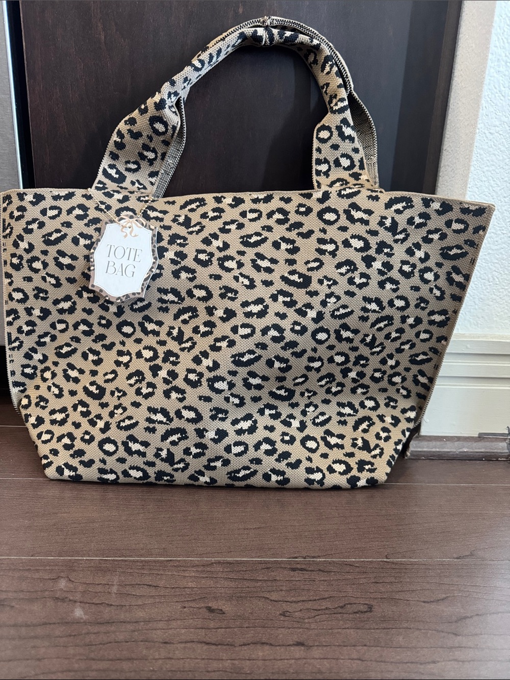 Leopard Print Tote Bag - Beige/Black